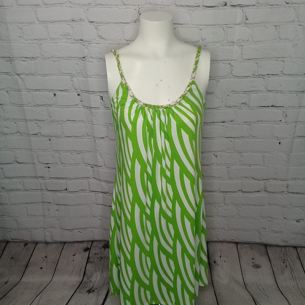 MSK Lime White Stripe Allover Print Gold Chain Rope Neckline Shift Dress Small